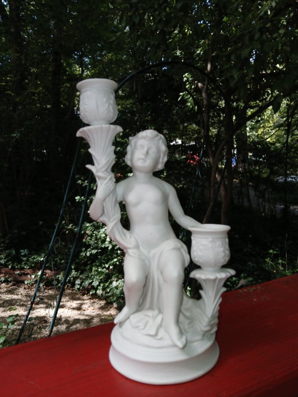 Vtg Bisque Porcelain Detailed 2 Candlestick Holder / Boy Figurine / Center Piece